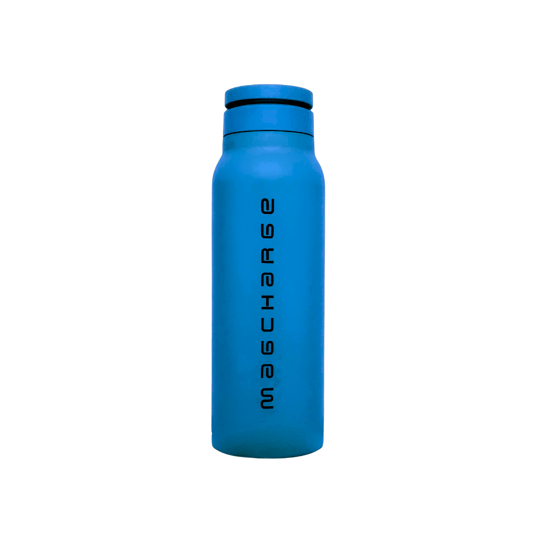 Blue water bottle with 'magcharge' branding on a white background