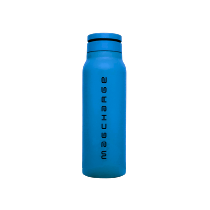 Blue water bottle with 'magcharge' branding on a white background